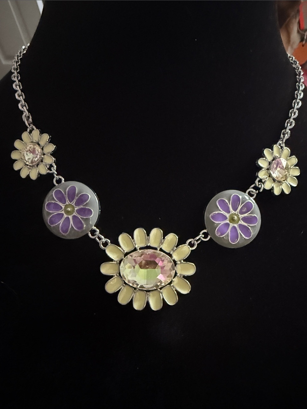 New 11” Women’s Glitz Floral Statement Necklace in Lavender and Pale Yellow